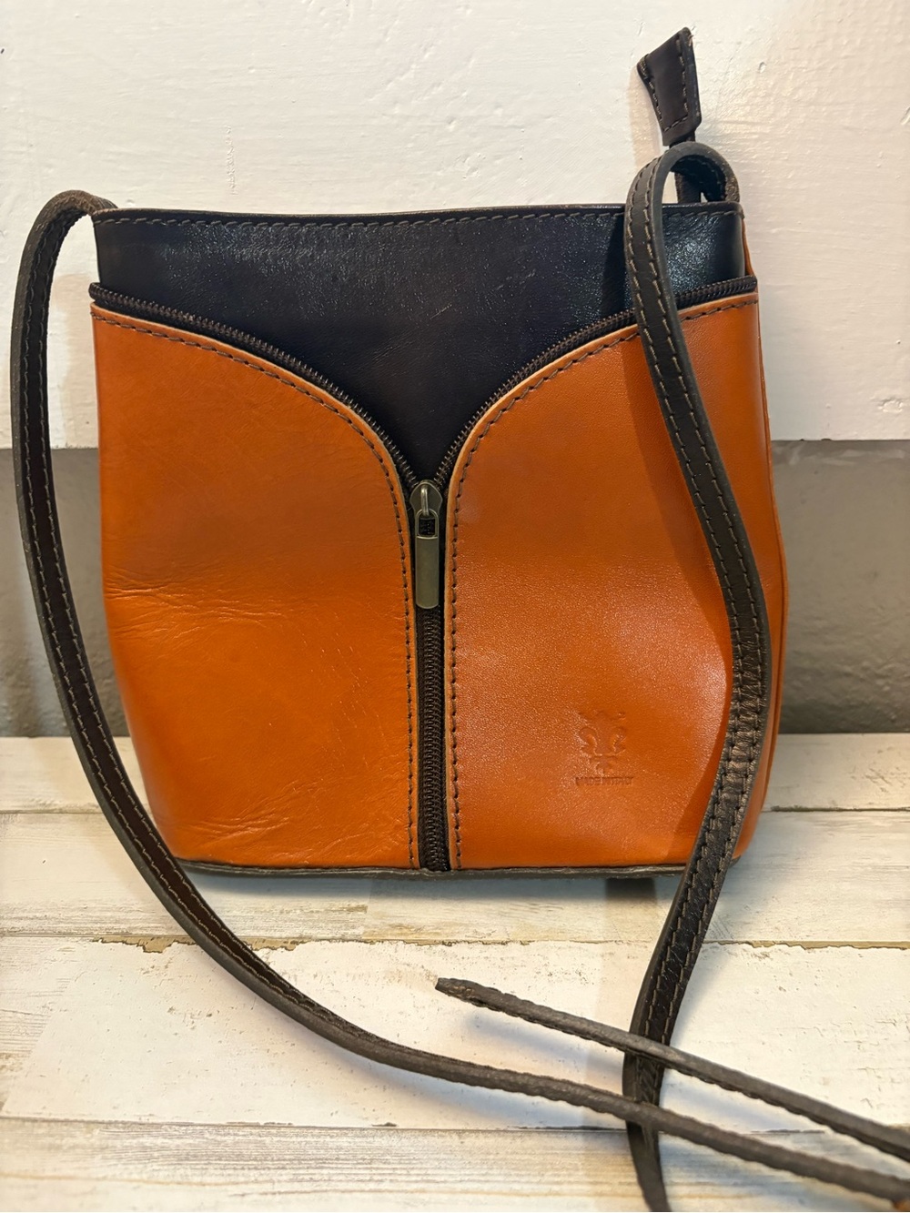 Leather Crossbody Bag in Two-Tone Brown and Black made in Italy Vera Pelle